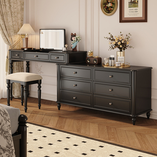 法式复古实木梳妆台斗柜一体卧室床尾翻盖化妆桌收纳柜中古风黑色