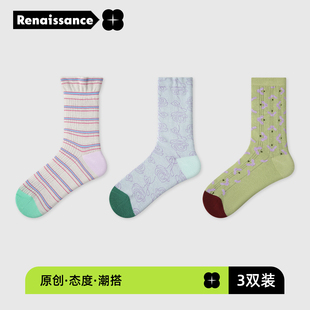 文艺复兴袜子女26新款春夏浅色条纹轻薄透气堆堆袜夏季网眼中筒袜