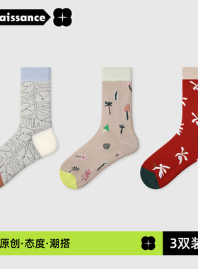 文艺复兴春夏袜子女26新款红色印花轻薄透气堆堆袜夏季薄款中筒袜