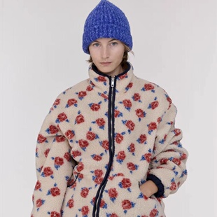 现货 sienne 2024冬季新款 玫瑰花摇粒绒宽松立领拉链开衫外套女