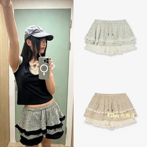 现货 aeae 26新款 可爱甜美多层碎花格纹拼色荷叶边蛋糕裙短裙裤