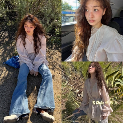 现货 fletta 法式复古蕾丝拼接系带荷叶边长袖衬衫吊心连衣裙女