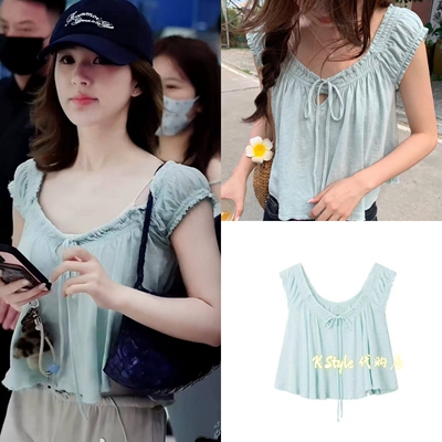 Free people 26夏赵露思同款薄荷绿褶皱领口系带短款背心上衣