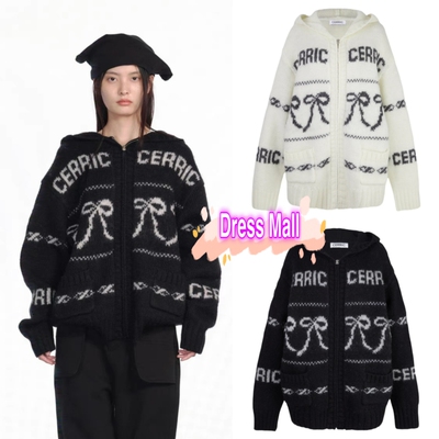 蝴蝶结提花羊毛连帽毛衣针织开衫