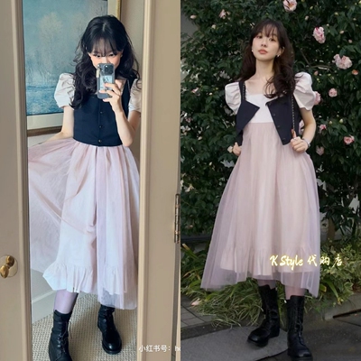 现货 fletta 26夏季新款法式温柔风方领高腰拼接网纱连衣裙公主裙