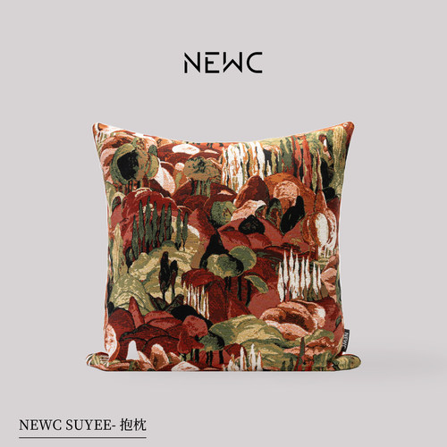 新宸优品法式轻奢高端抱枕红色新中式客厅沙发抽象山水覆古靠垫套