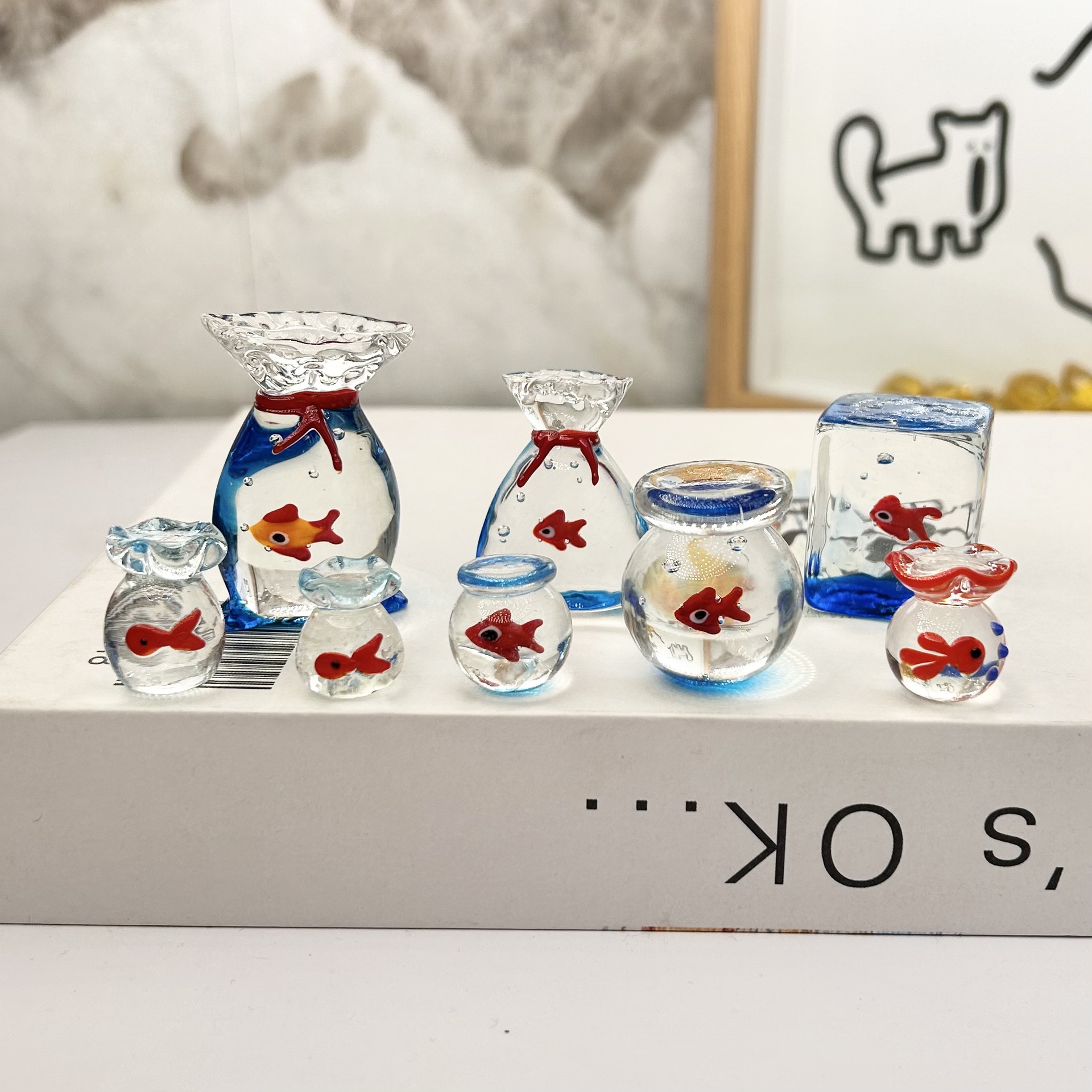 透明琉璃鱼袋子小鱼缸夜光鱼块块钱袋鱼桌面装饰品小摆件礼品可爱