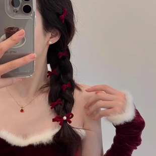 圣诞新年红色丝绒蝴蝶结小号刘海侧马尾编发夹女秋冬鸭嘴夹子头饰