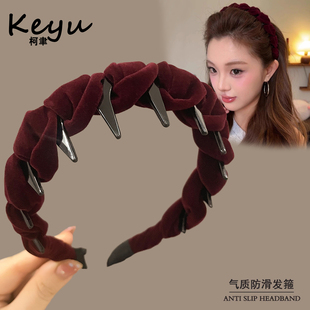 红色加厚丝绒麻花发箍女蓬松高颅顶齿梳头箍毛绒立体扭结洗脸发卡