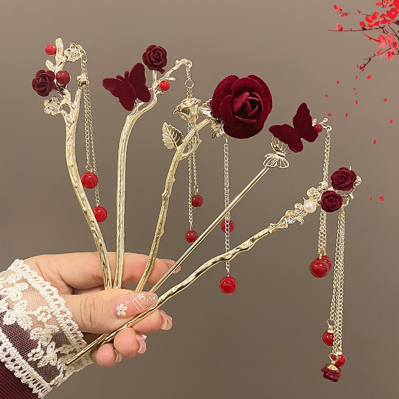 安可拉红色发簪女古风新娘敬酒服新中式过年高级感马面裙订婚头饰