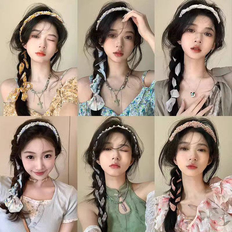 套装碎花编发发带女绑发丝巾飘带发箍一体珍珠高级感系带发卡头饰
