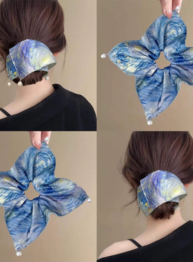 星空蓝星月夜蓝色油画渲染方巾大肠发圈小众设计感高弹力马尾发绳