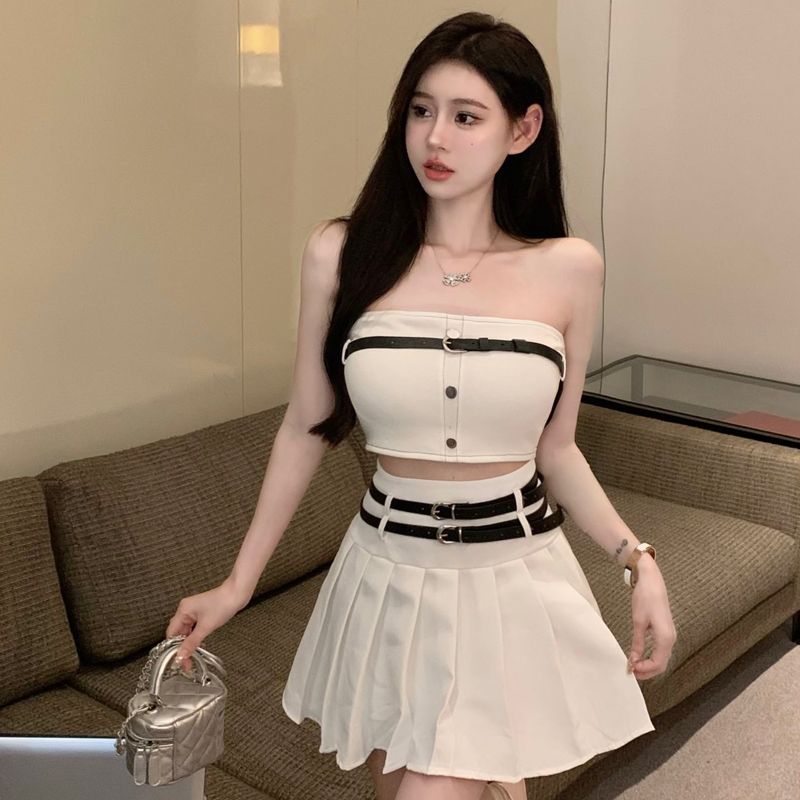 时尚套装女设计感短款裹胸抹胸背心上衣+百褶双腰带半身裙两件套