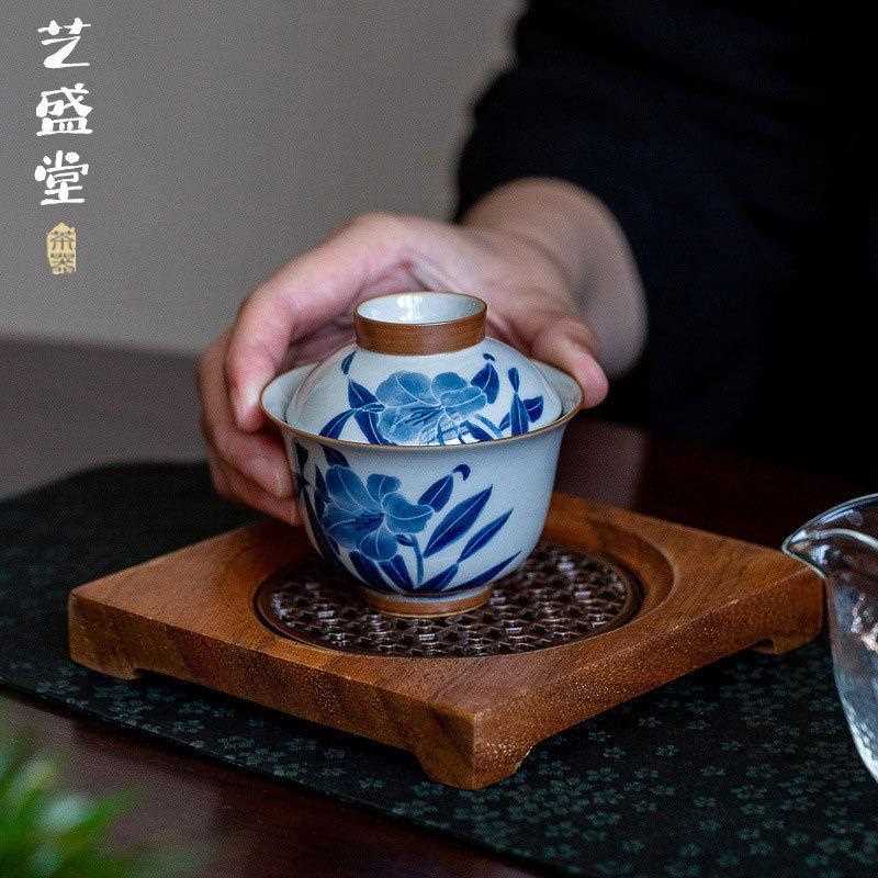 新款直销纯手绘兰花盖碗 个陶瓷家用茶碗复古青花功夫茶具泡茶器