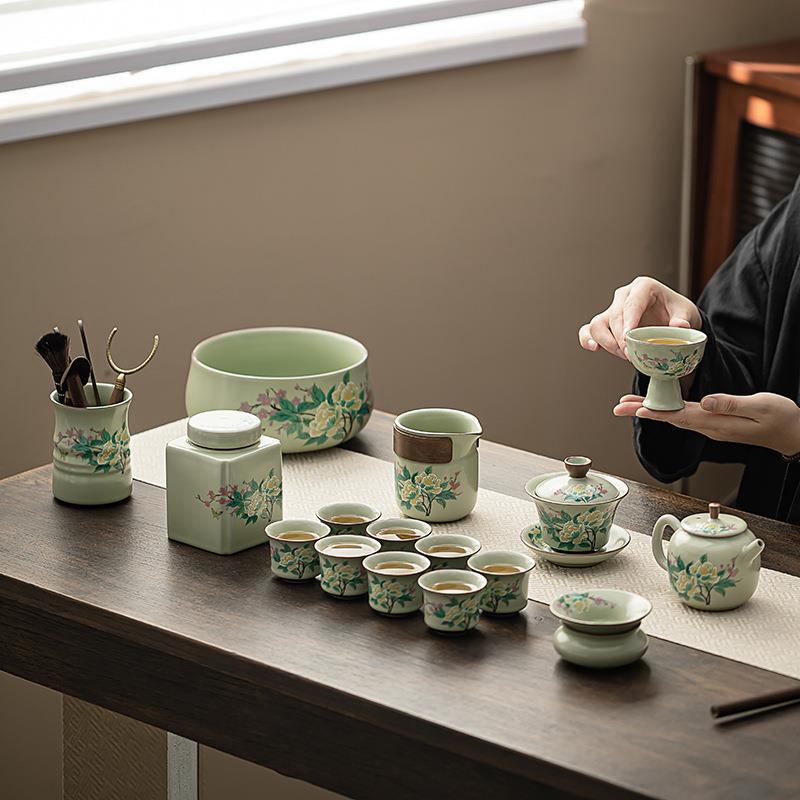 新款直销豆绿汝窑芙蓉花功夫茶具家用中国风可养陶瓷盖碗茶壶茶杯