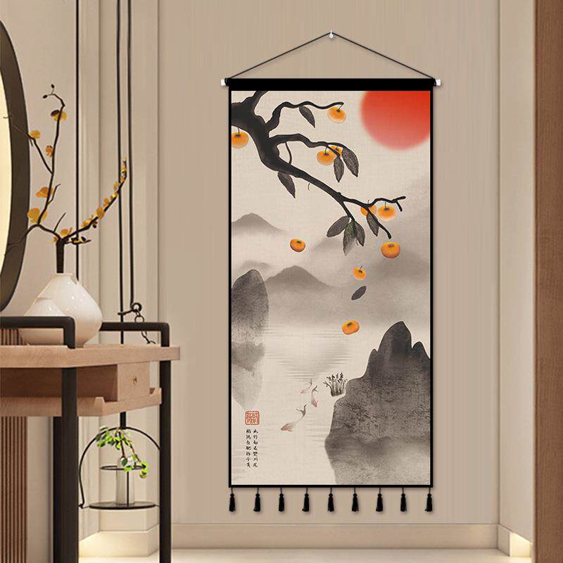 新款直销中式墙布挂布柿柿如意挂画布艺装饰画卧室客厅入户玄关挂