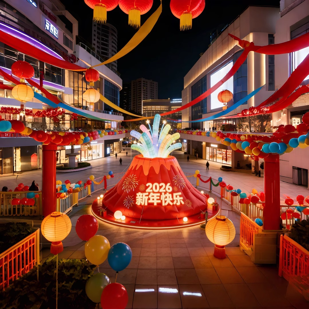 2026新年火山烟花充气气模发光户外彩色装饰道具新年快乐主题模型