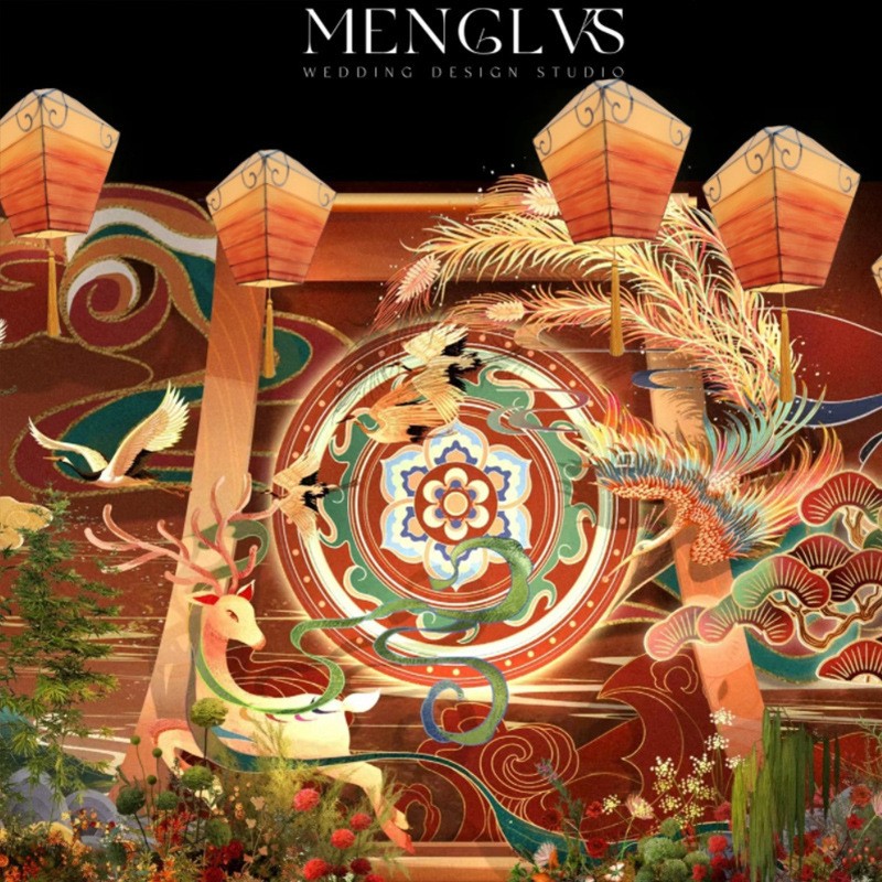 新中式古典国潮风婚礼吊灯婚庆主题复古装饰灯布艺孔明灯花灯灯笼