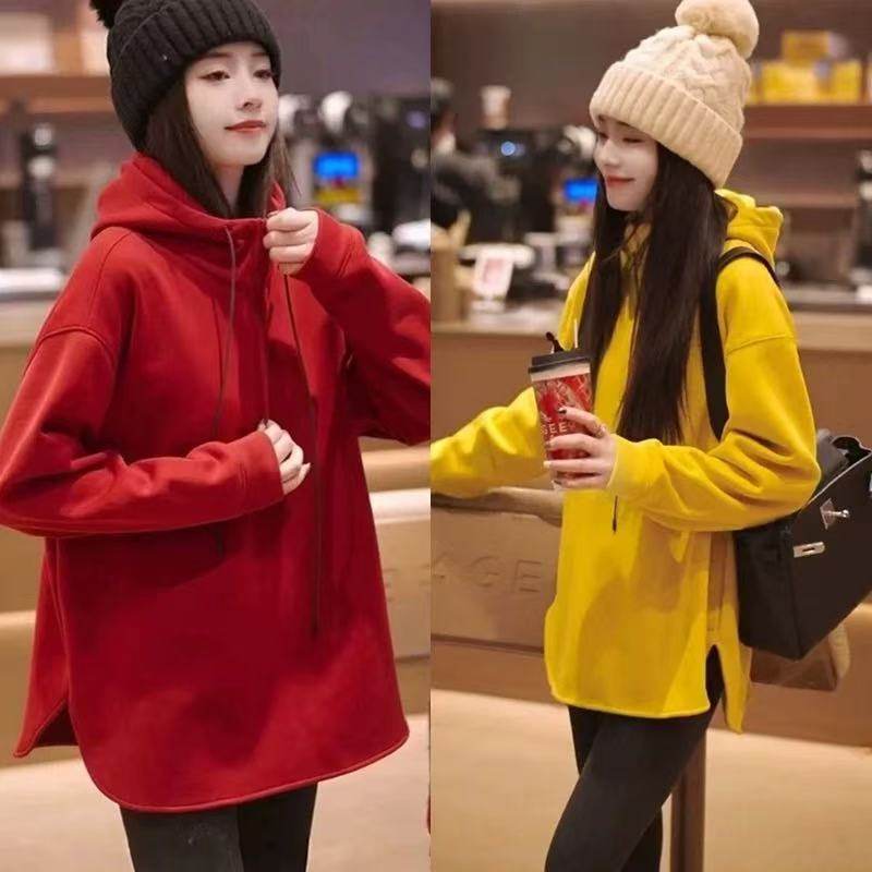 欧货爆款半拉链连帽卫衣女加绒新款中长款宽松打底衫