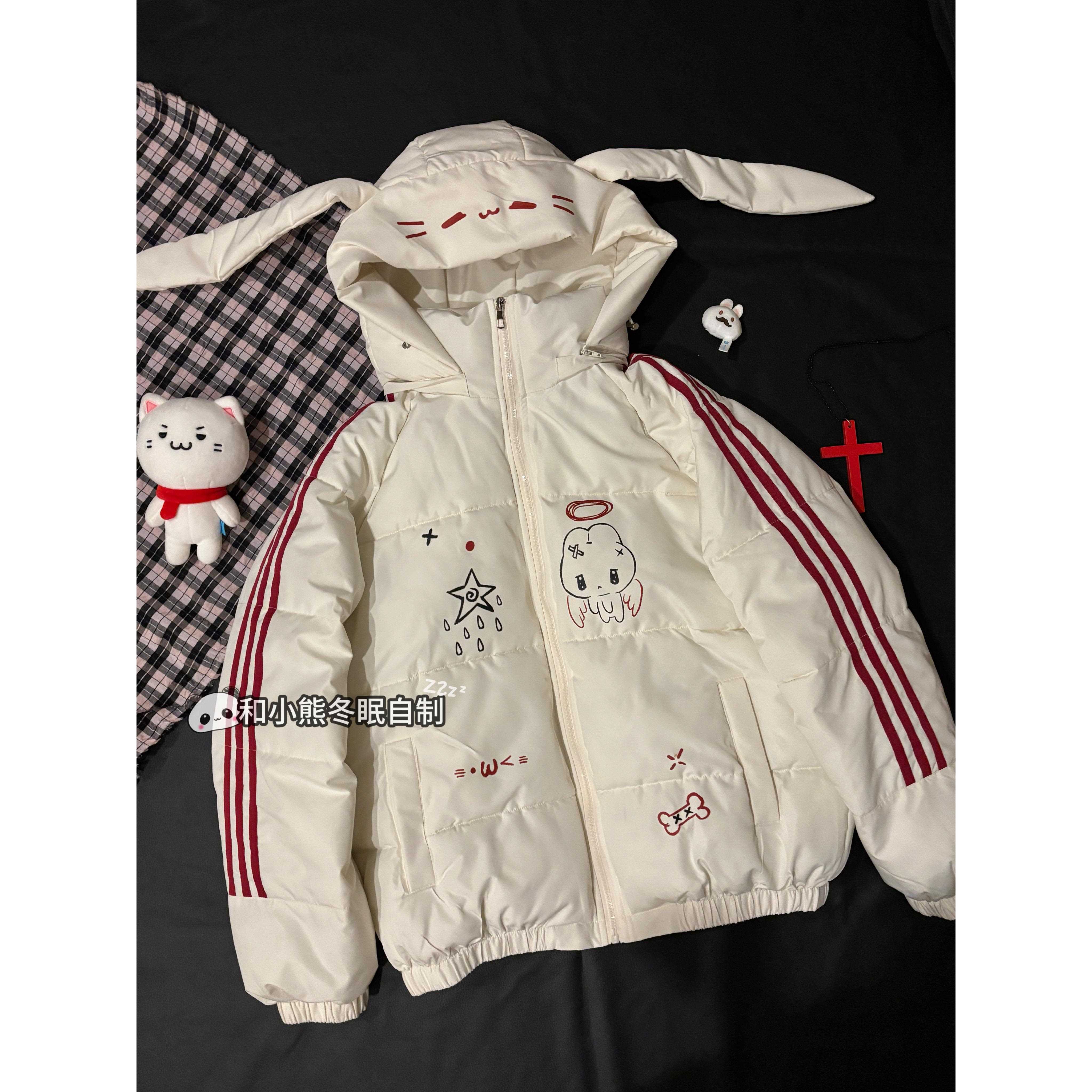 和小熊冬眠宅萌系可爱兔耳朵连帽棉服女三条杠冬季宽松面包服外套