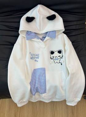 甜美可爱猫咪刺绣假两件连帽白色卫衣女宽松慵懒风2025年新款上衣