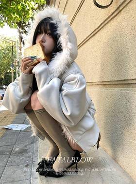 座山雕白色毛领连帽外套女秋冬季慵懒风加绒加厚短款棉服拉炼 炼