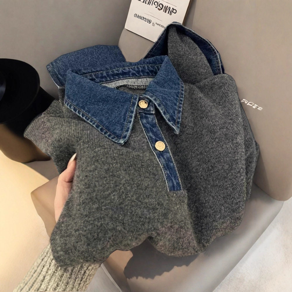 韩系牛仔拼接polo领假两件针织衫女春秋外穿上衣,女装/女士精品,羊绒衫,淘宝优惠券,粉丝福利购,淘宝优惠卷