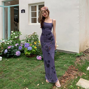 实拍2026春夏新款悸动之夜裙子修身显瘦吊带裙长款紫色连衣裙女