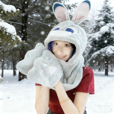 疯狂动物城朱迪尼克帽子围巾一体冬季保暖毛绒围脖手套连帽三件套
