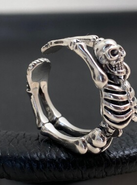 骷髅骨架S925银开口朋克戒指