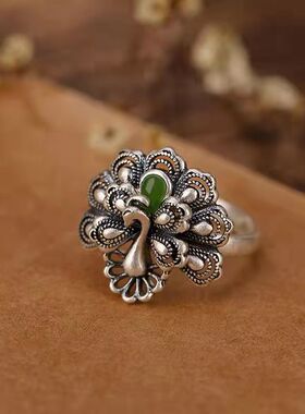 银复古女款戒指活口个性防天然和田碧玉优雅凤凰指环可调节手饰