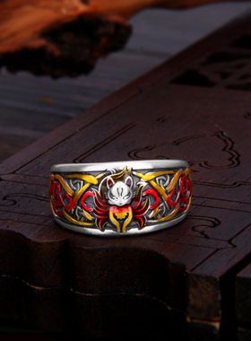 桃花九尾狐狸戒指女士国潮复古文艺范珐琅彩仿泰银民族风开口