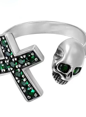 嘻哈复古绿钻十字架开口可调戒指