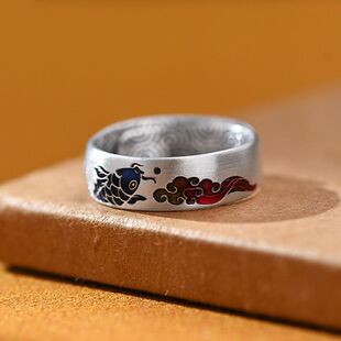 999纯银珐琅杏叶锦鲤戒指男女潮复古民族风宽版开口心经指环