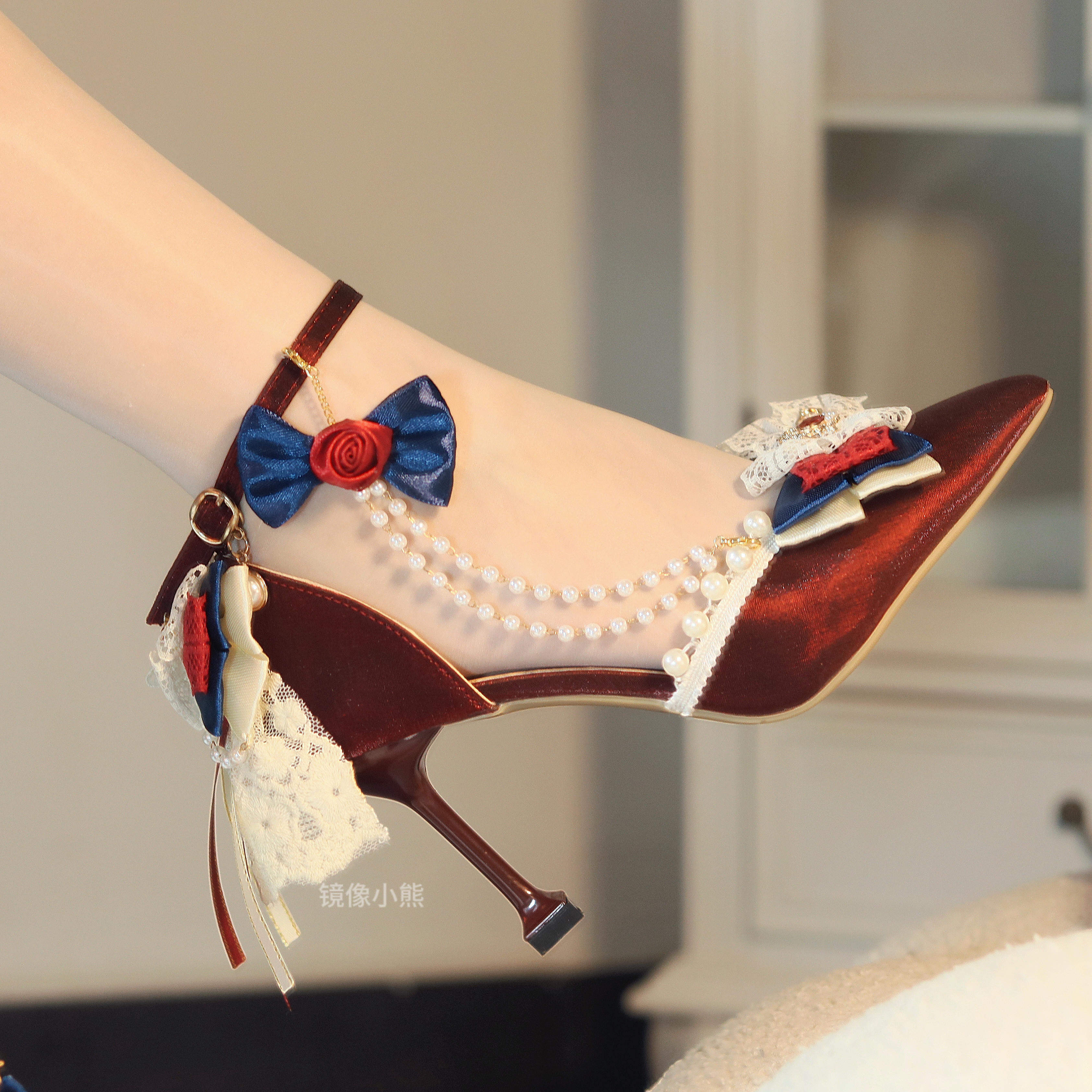镜像小熊白雪姬lolita高跟鞋成人礼公主风红色洛丽塔华丽花嫁lo鞋