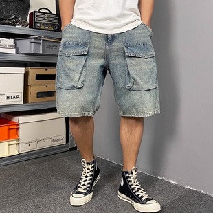 男士 男潮牌宽松直筒五分裤 夏季 新款 子 高端大口袋工装 中裤 牛仔短裤