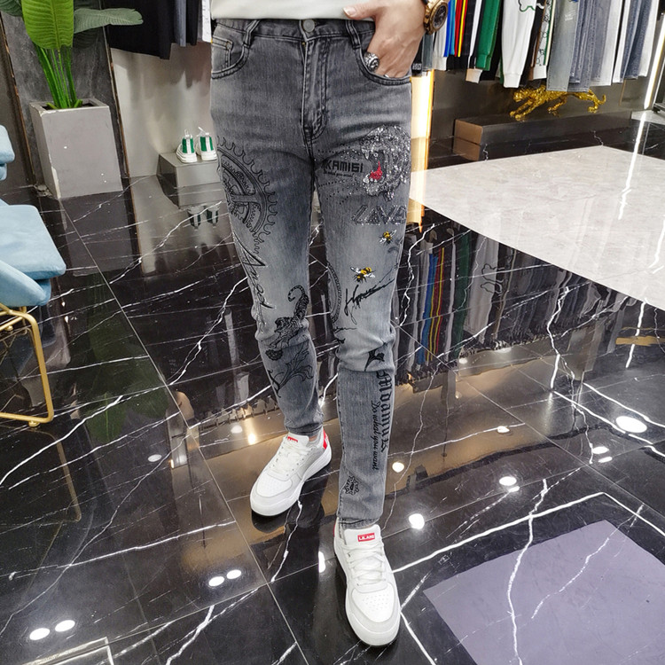 牛仔裤男潮牌潮流印花修身小脚裤