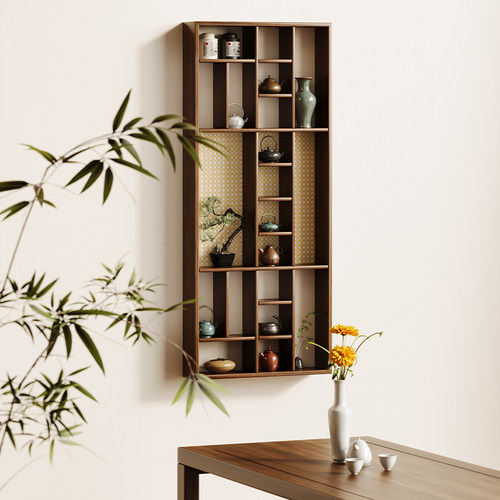 吉赠新中式实木挂墙博古架多宝阁置物架茶杯收纳小展示架书架一体