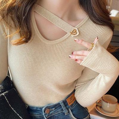 低领毛衣打底衫女秋冬高级感法式露锁骨内搭性感V领镂空针织上衣