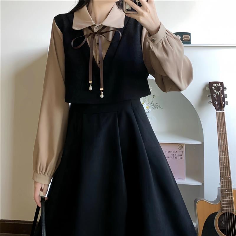 赫本学院风假两件长袖洋装春秋新款女韩版收腰显瘦法式过膝长裙