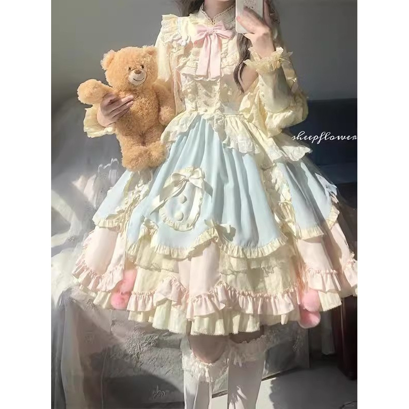 蓝粉可爱甜美洋气lolita长袖连衣裙OP蓬蓬在逃公主裙洛丽塔秋冬款