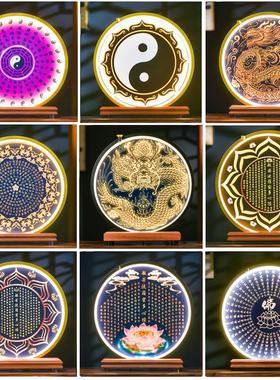 禅意中式佛像背光灯装饰品灯圈佛堂佛台实木心经六字真言底座摆件