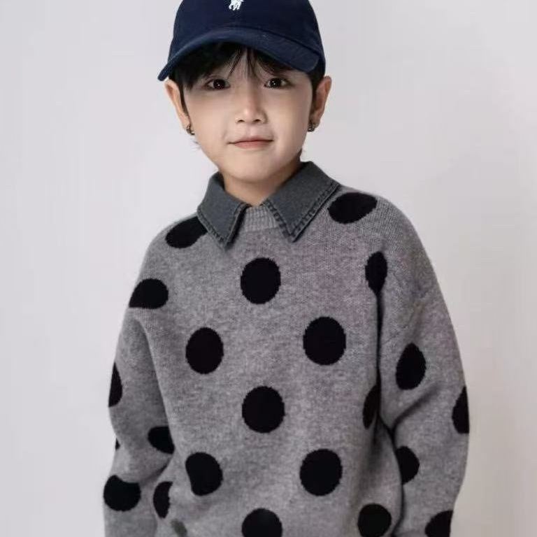 男童装潮童韩范儿牛仔领毛衣秋冬款儿童洋气假两件波点翻领针织衫