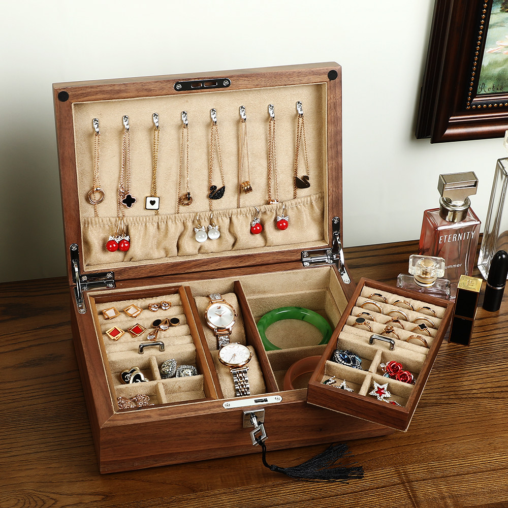 匠功夫黑胡桃实木首饰盒2025新款首饰收纳盒戒指项链手镯收纳带锁