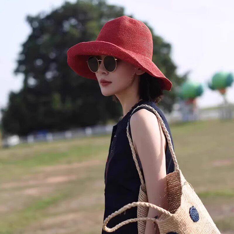 夏季红色草帽女大帽檐透气防晒渔夫帽子可折叠海边度假百搭遮阳帽