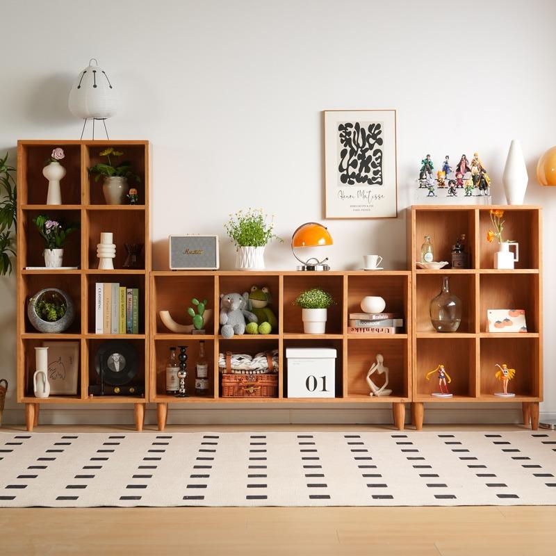 实木书柜落地柜子收纳柜客厅家用收纳置物柜樱桃木格子柜定制书架