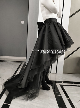 黑色缎面前短后长拖尾半身裙优雅网纱蓬蓬裙宴会酒会活动气质复古