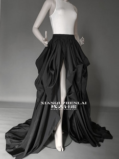 赫本风黑色开叉长款 优雅蓬蓬裙复古演出半身裙拖尾摄影橱窗展示