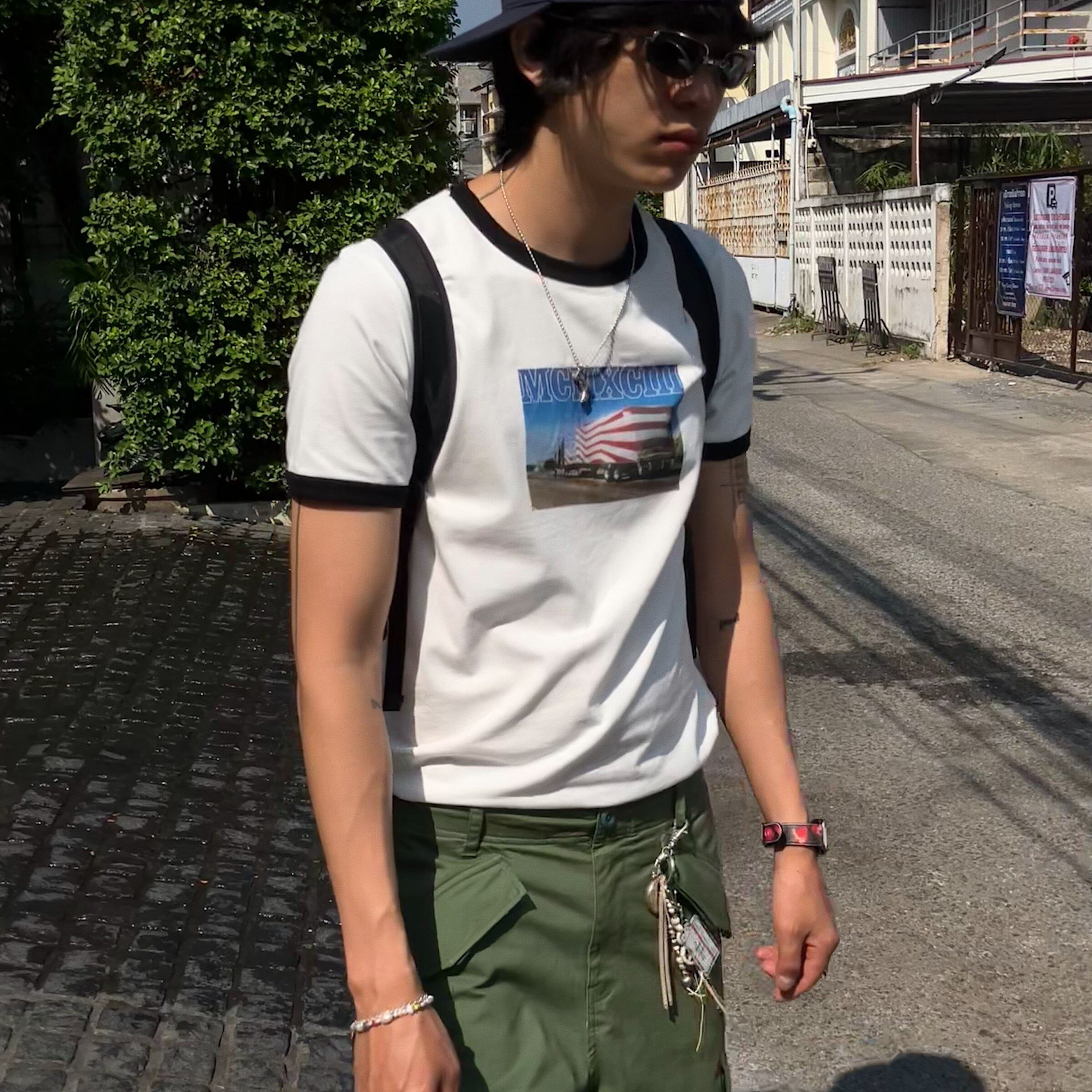 mcmxciii Summer系列卡车国旗照片数码印花螺纹修身短袖T恤
