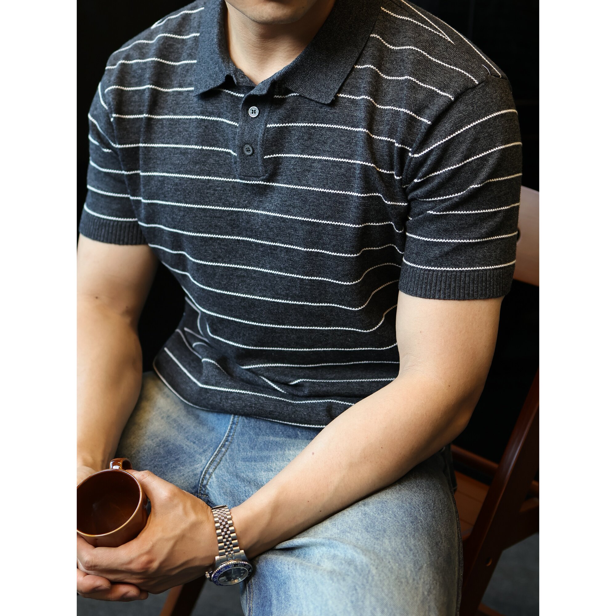 原创 冰丝条纹轻薄垂感polo针织衫男短袖T恤休闲通勤上衣夏